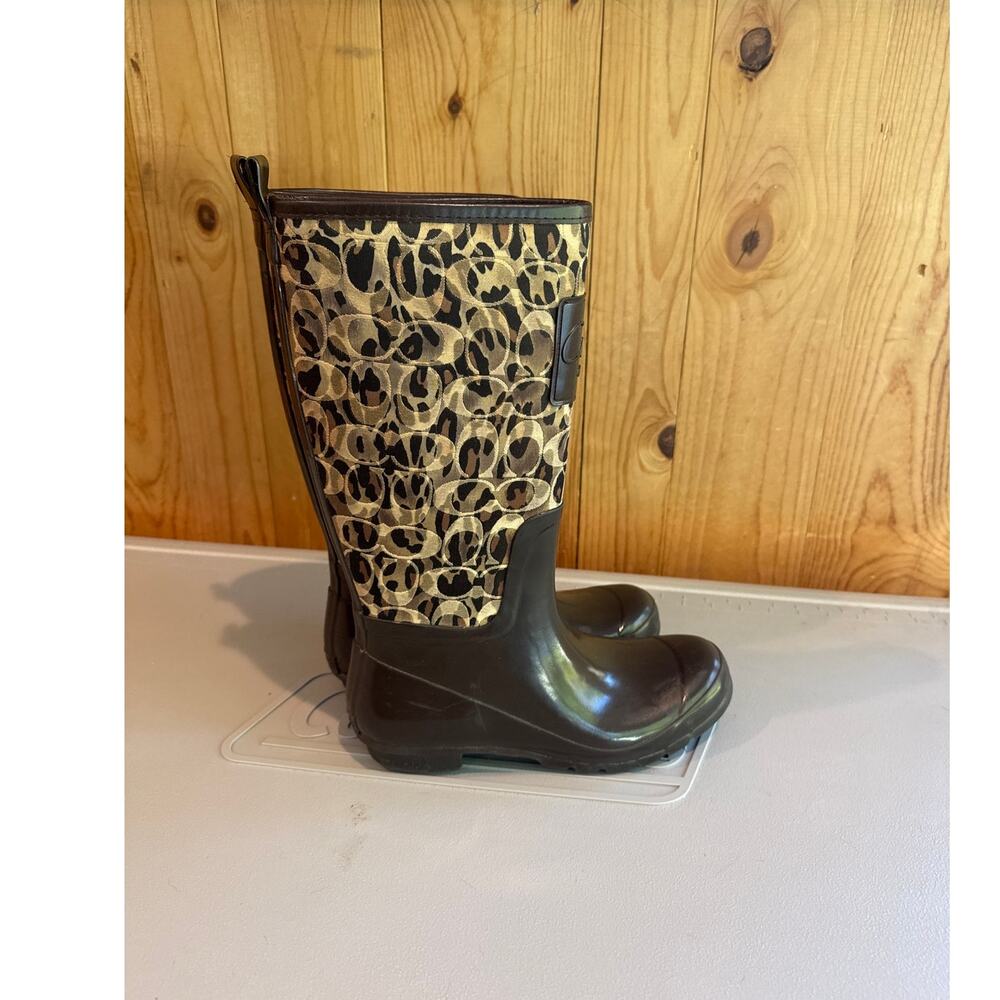 Coach Pearl Rain Boots Women's 7B Brown Leopard Signature C Logo A7513